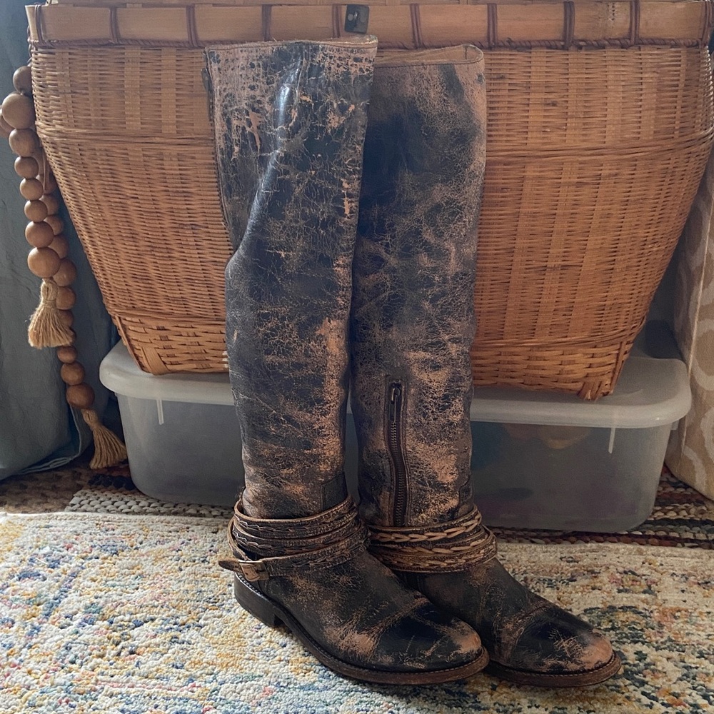 BED|STU Distressed Black Tall Combat Moto Boots